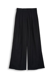 Black wide-leg linen trousers on plain background – East Vibe
