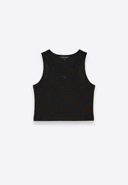 Model wearing fitted black crop tank top by East Vibe