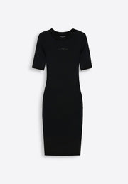 Model wearing black short sleeve crew neck dress by East Vibe