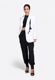 Model wearing white blazer with tassel detailing, front view – East Vibe
