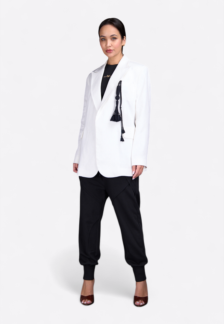 White blazer with tassel detailing, front close-up – East Vibe
