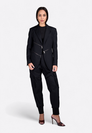 Front view of model wearing wool zipper blazer, East Vibe