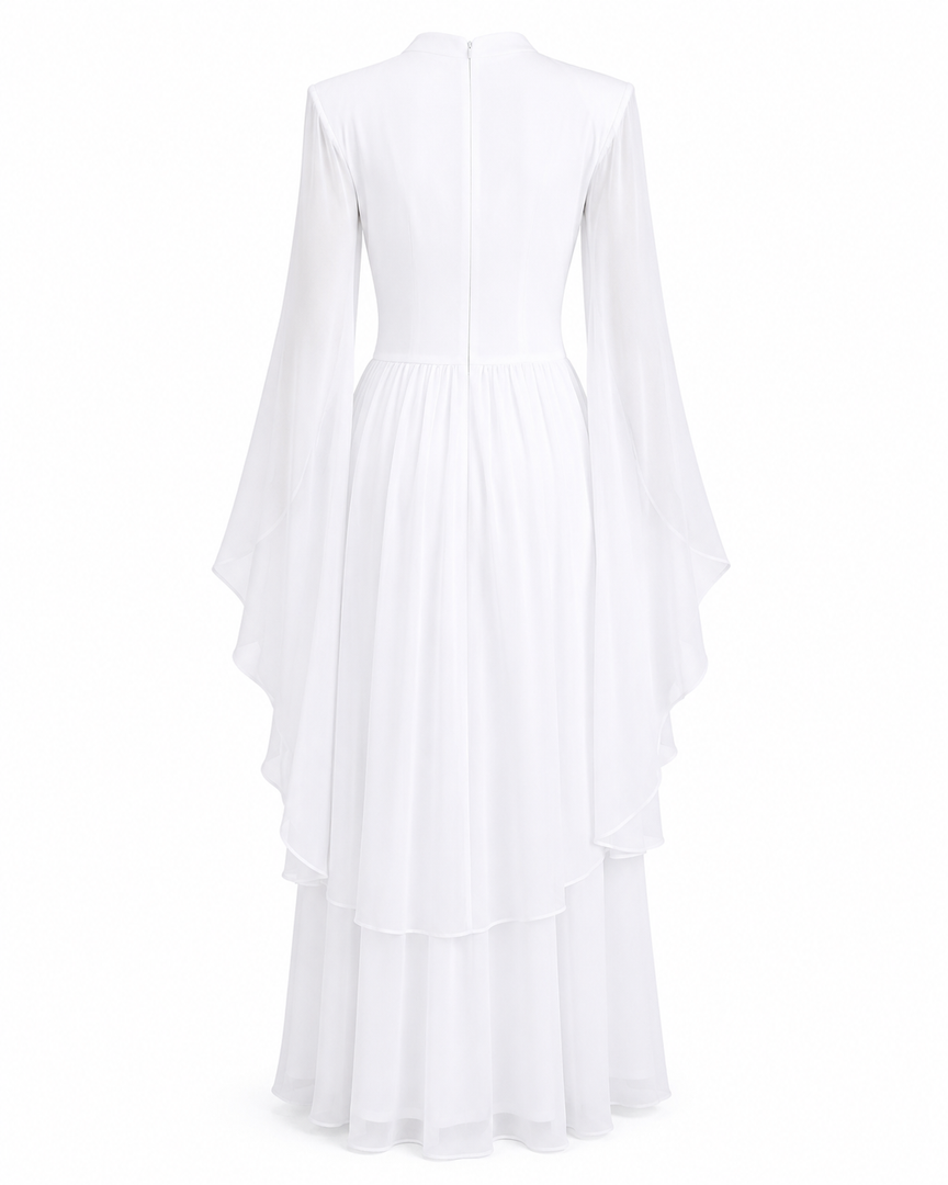 White dress with ruffled layers on a white background