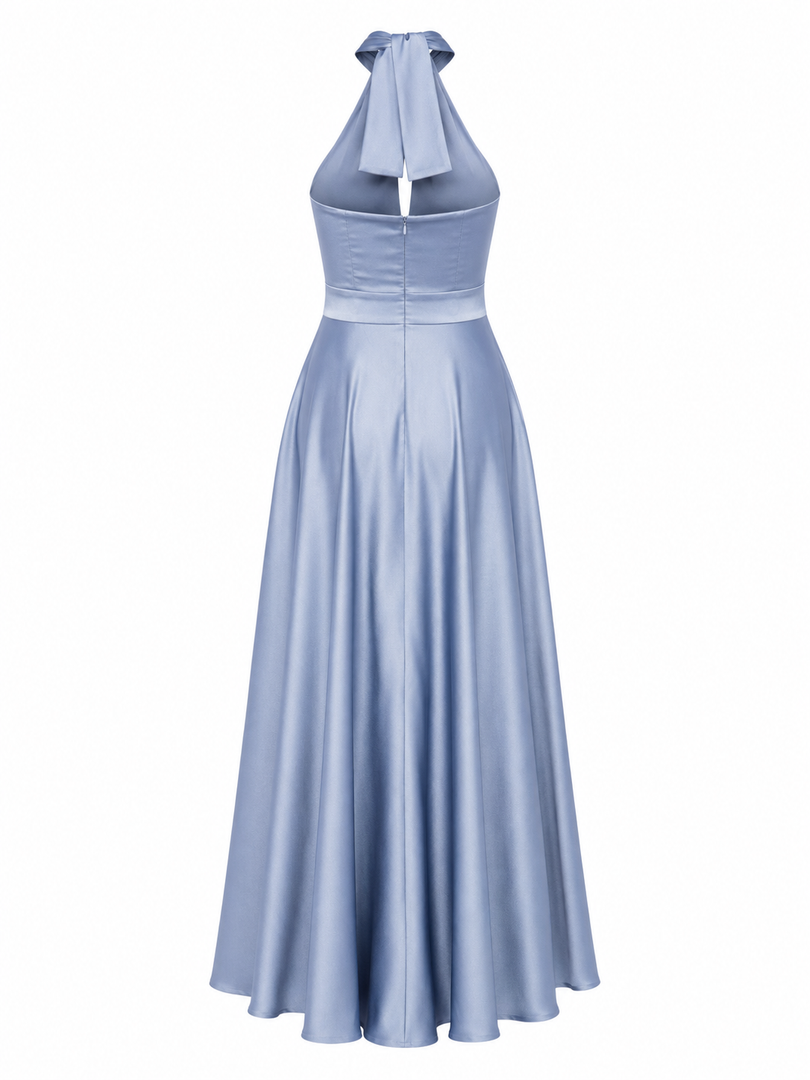Long light blue dress with a bow detail on a white background