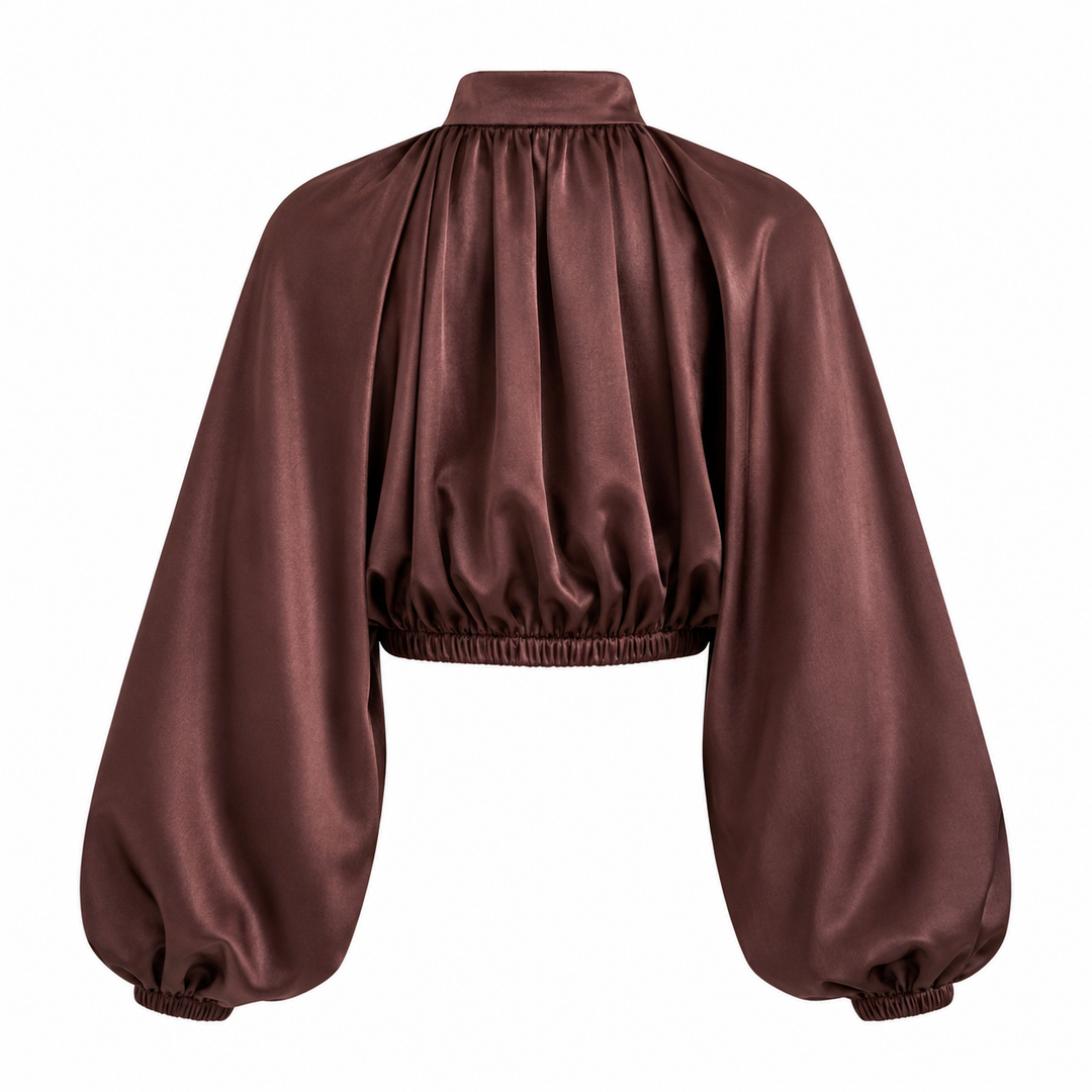 Brown satin blouse with puffed sleeves on a white background