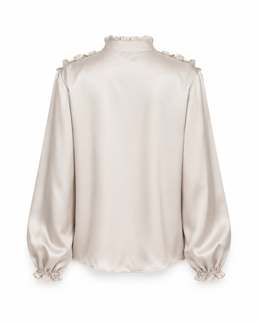Beige satin blouse with ruffled shoulders on a white background