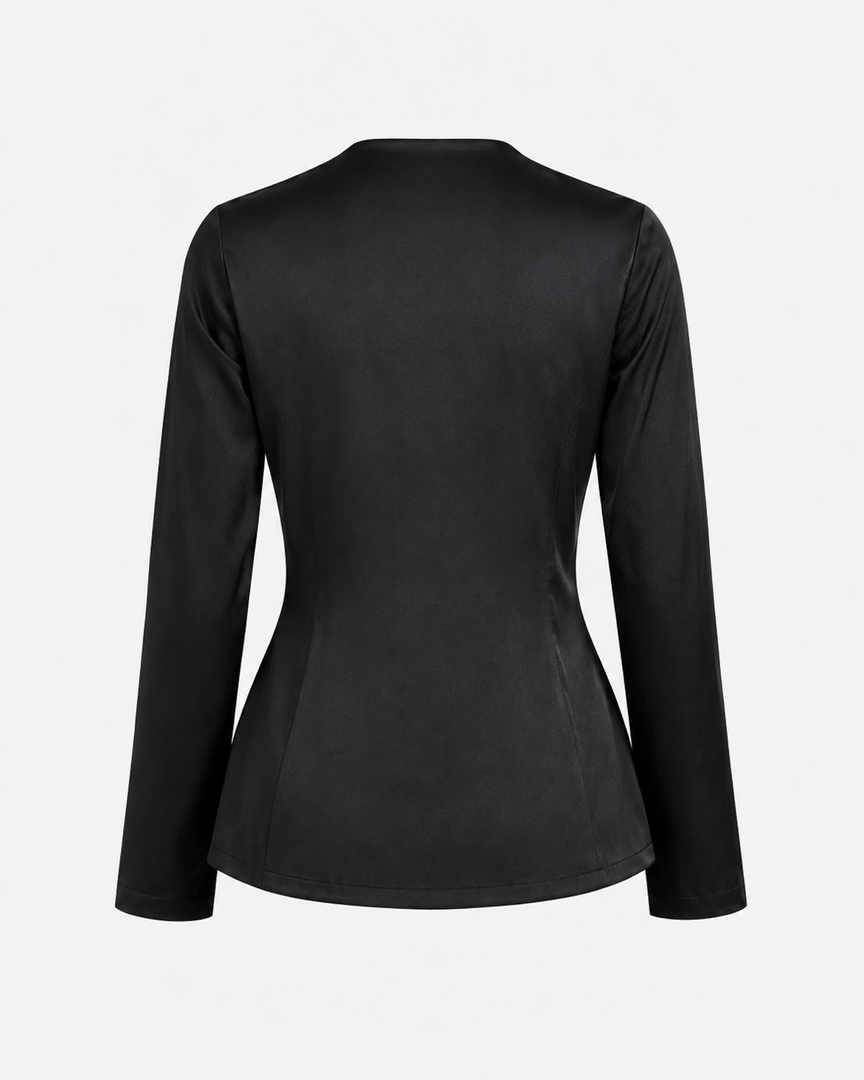 Black long-sleeve top on a light gray background
