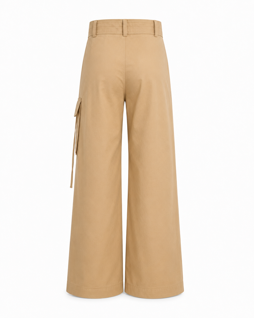 Beige wide-leg pants with belt on a white background