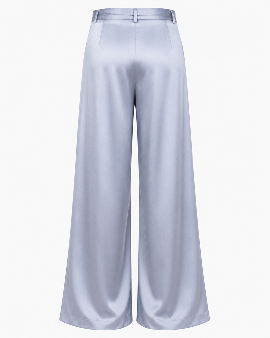 Light blue satin wide-leg pants on a white background