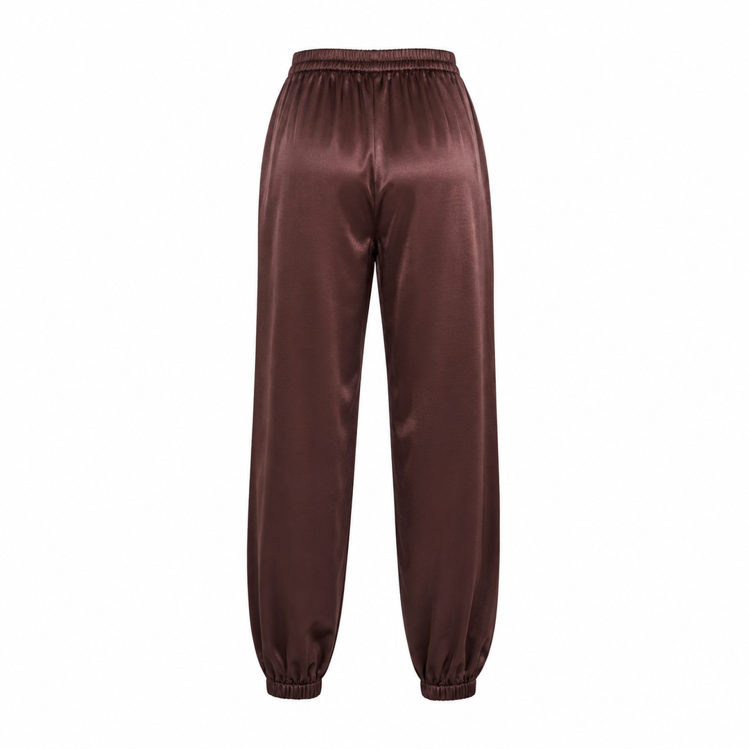 Brown satin pants on a white background