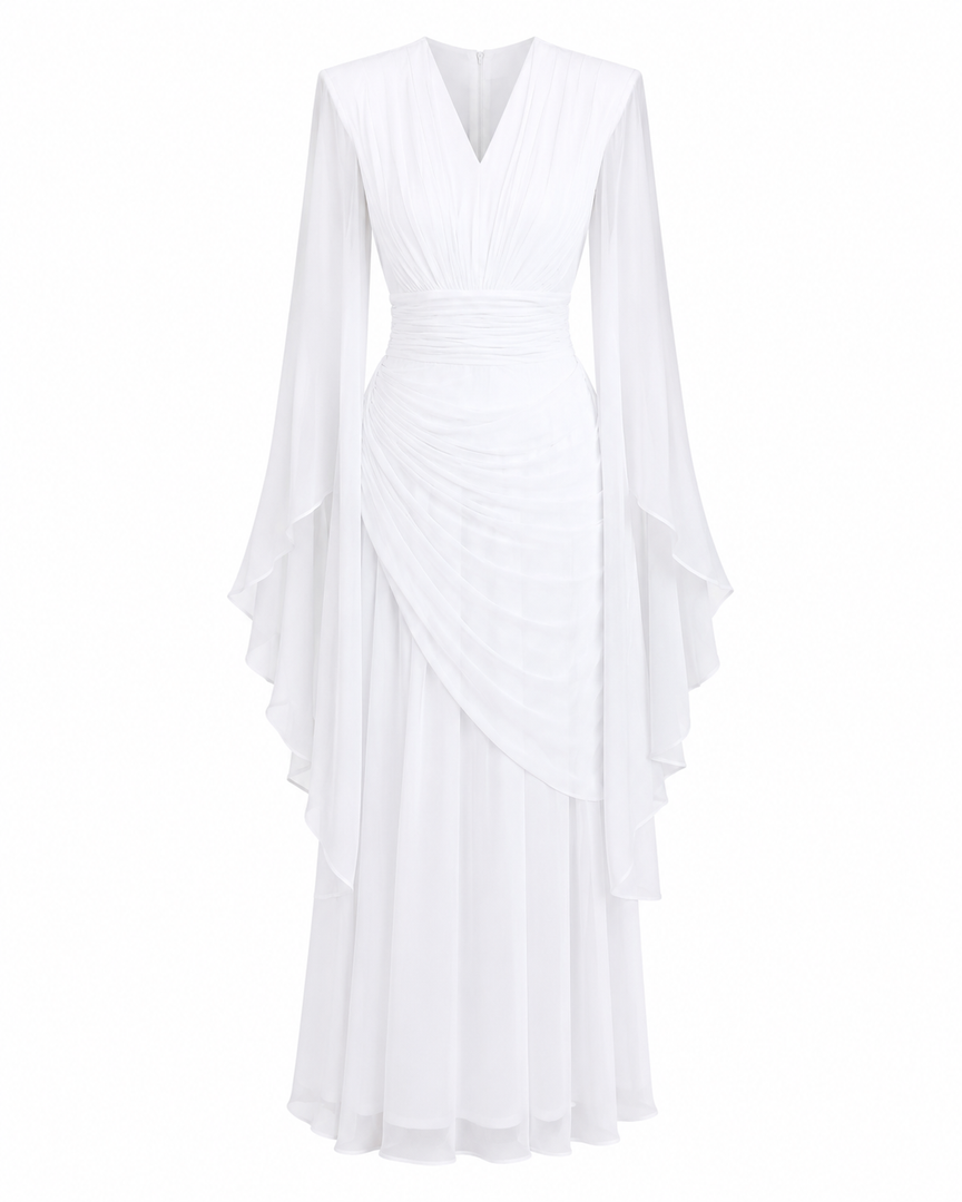 White dress with ruffled layers on a white background