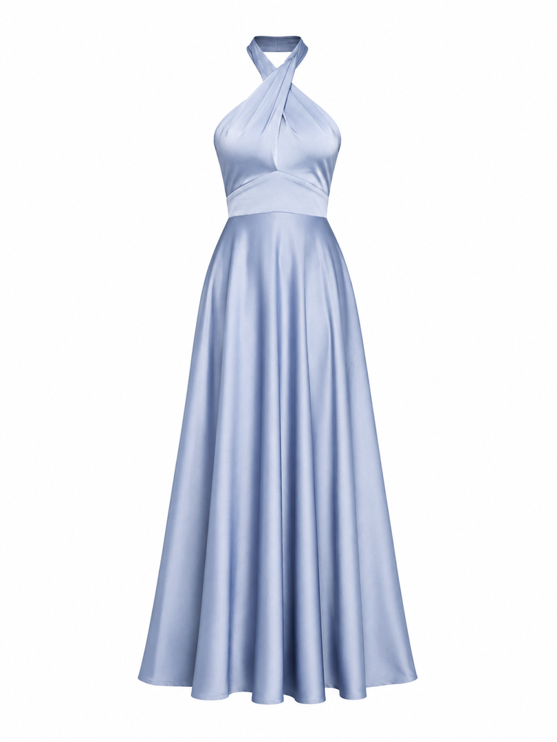 Light blue halter neck dress on a white background