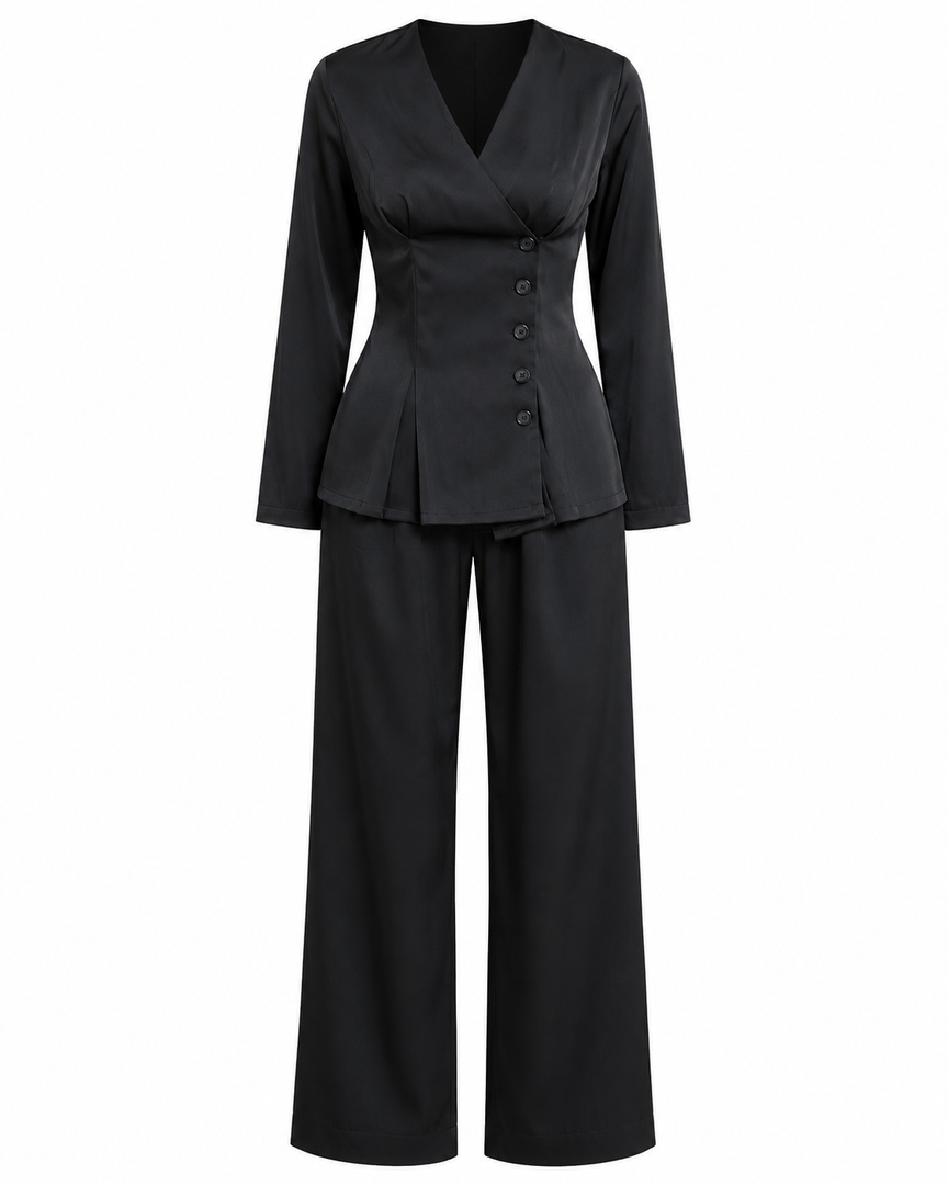 Black suit with a jacket and pants on a white background