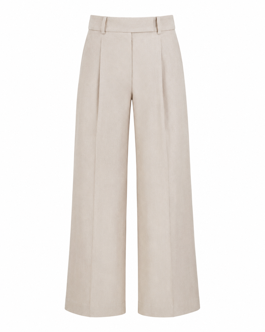 Beige wide-leg pants on a white background