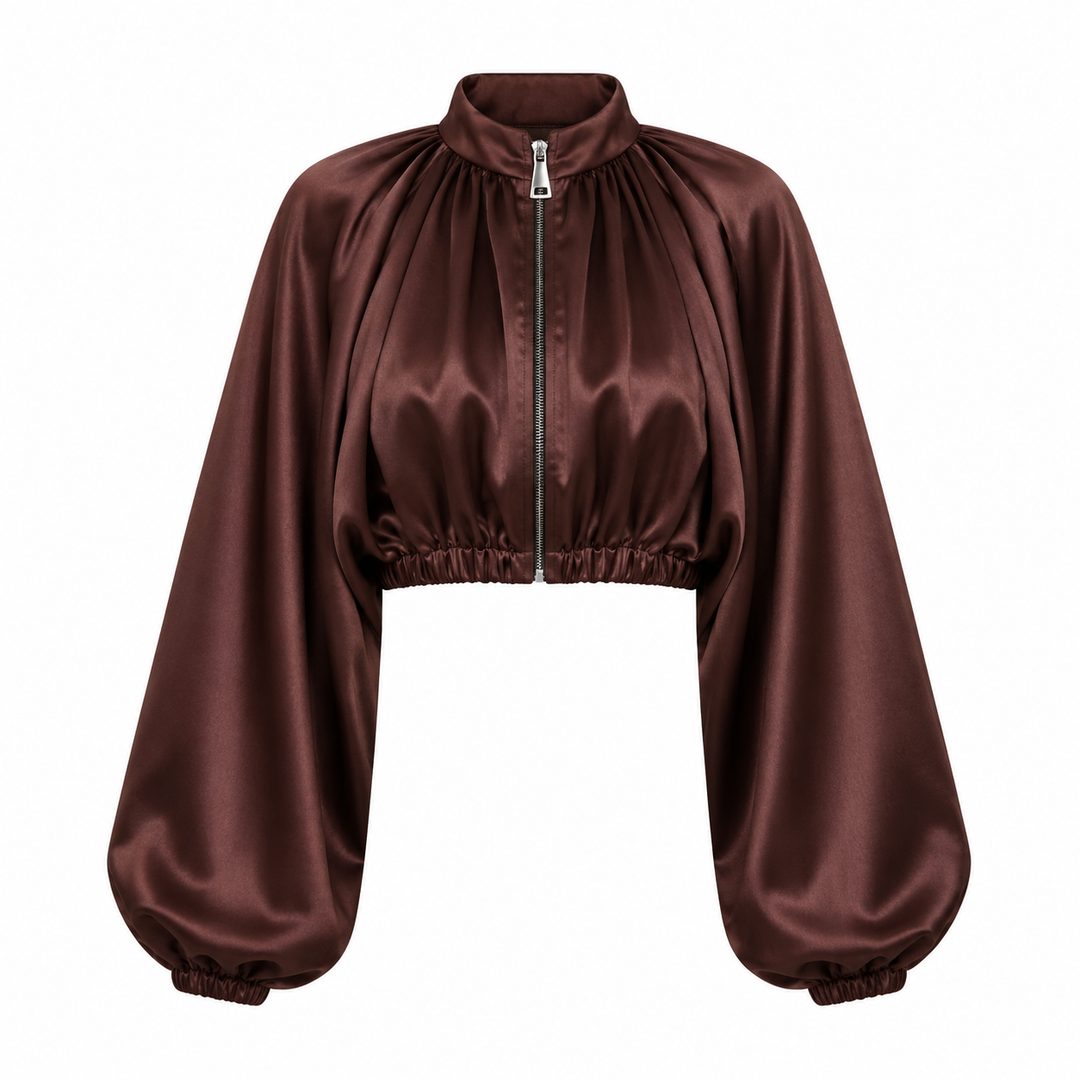 Brown satin jacket with wide sleeves on a white background