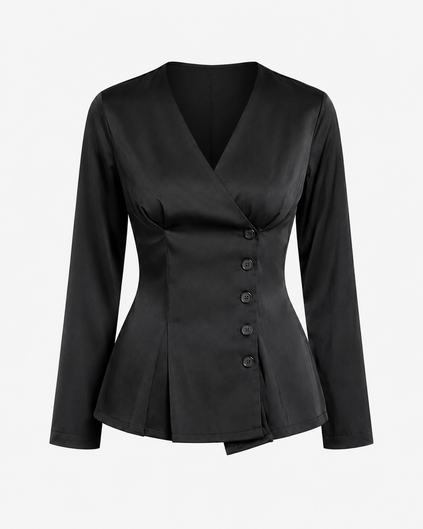 Black peplum jacket with buttons on a white background