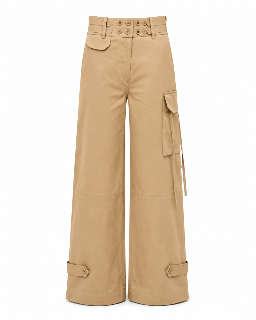 Beige cargo pants with button details on a white background