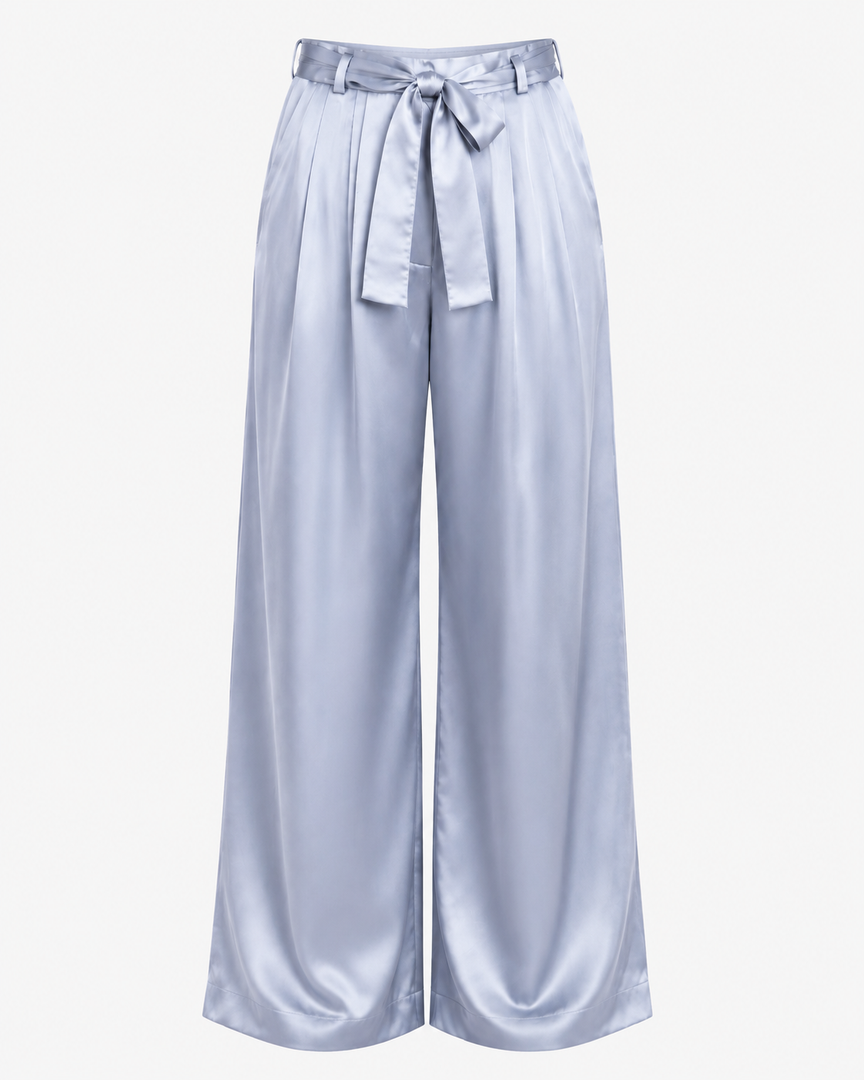 Light blue wide-leg pants with a belt on a white background