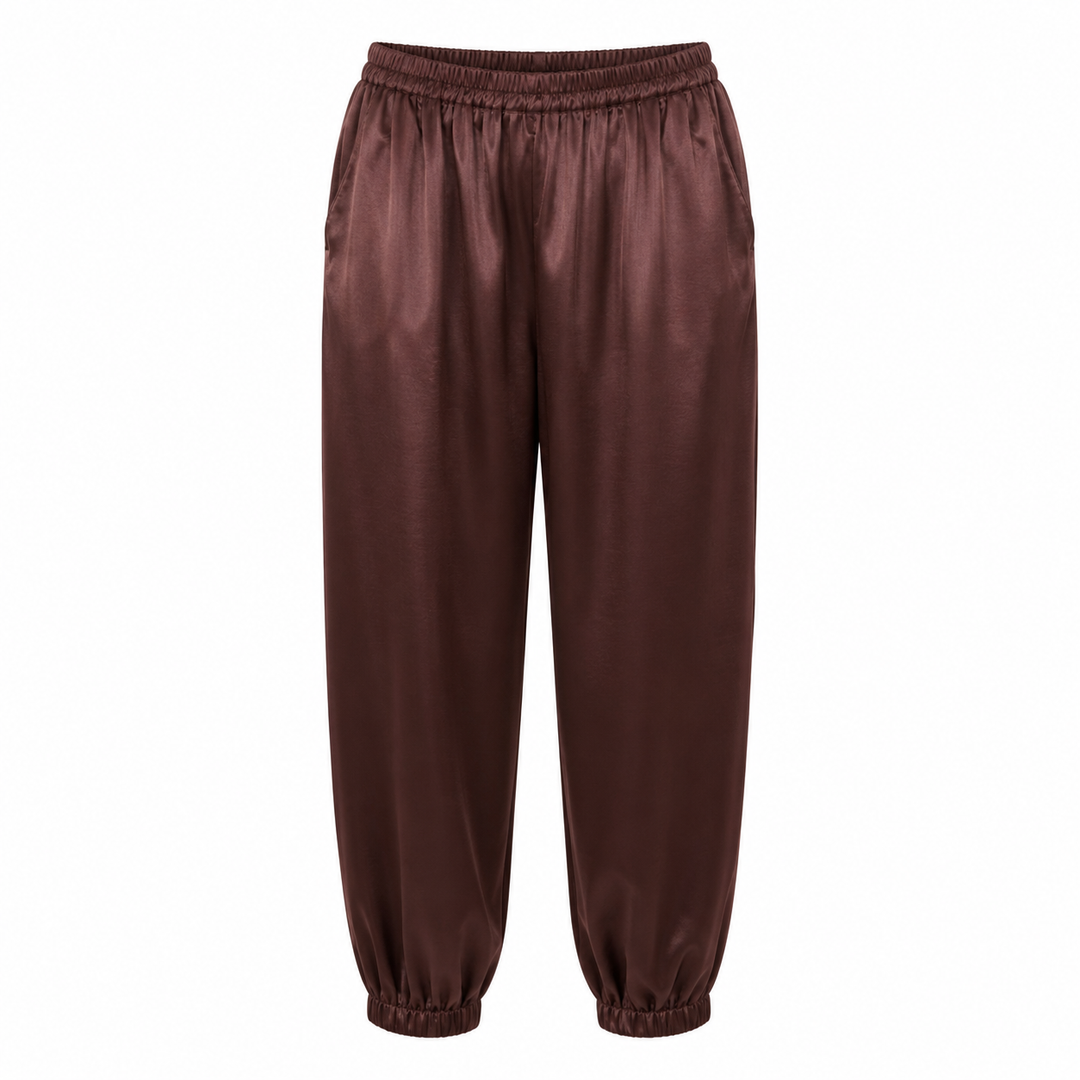 Brown satin pants on a white background