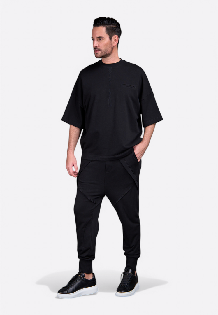 Model wearing men's joggers by East Vibe